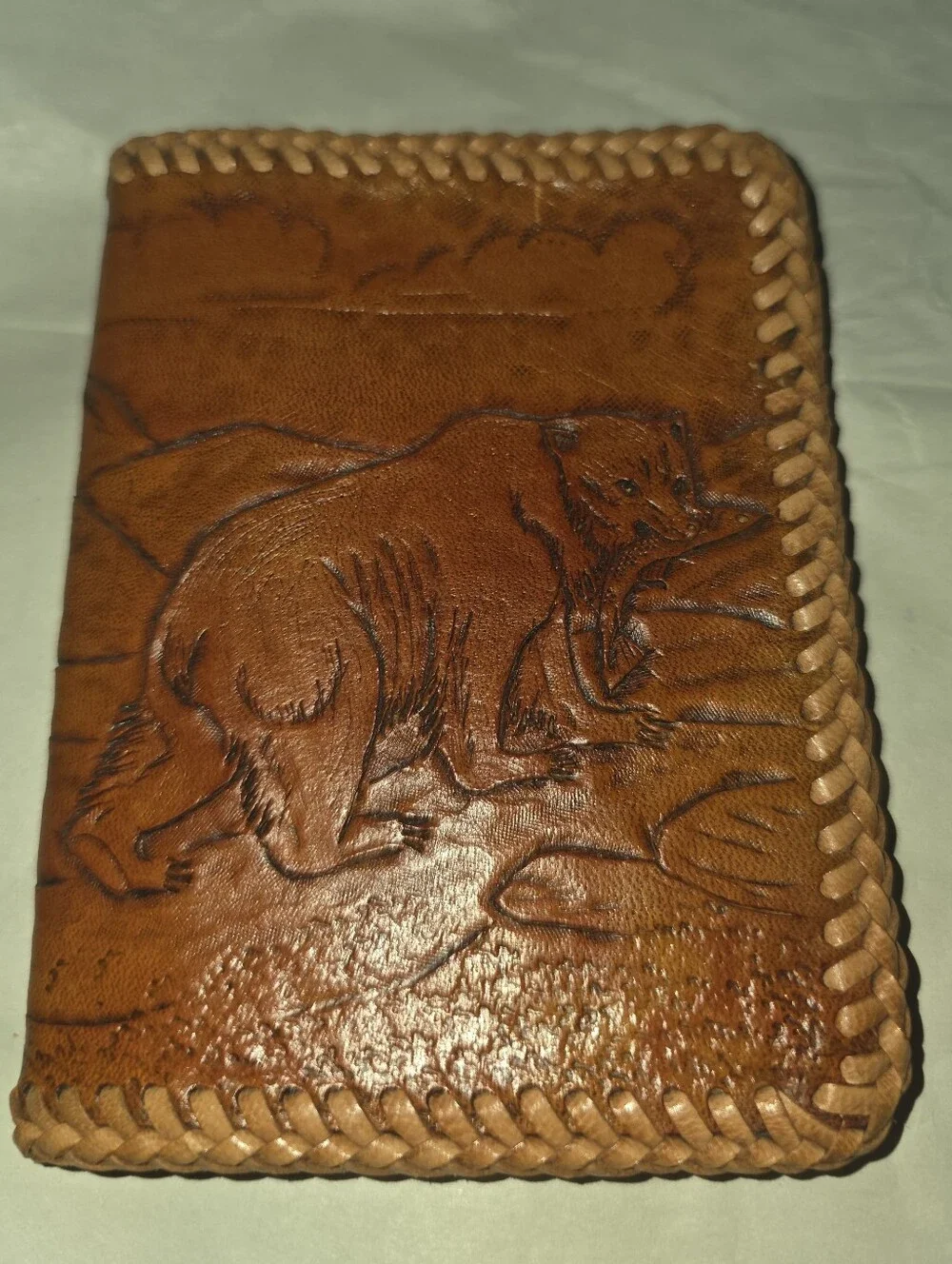Handcrafted Tooled Leather Wallet-Brown With Tan Stitching.Engraved Bear& Wolves